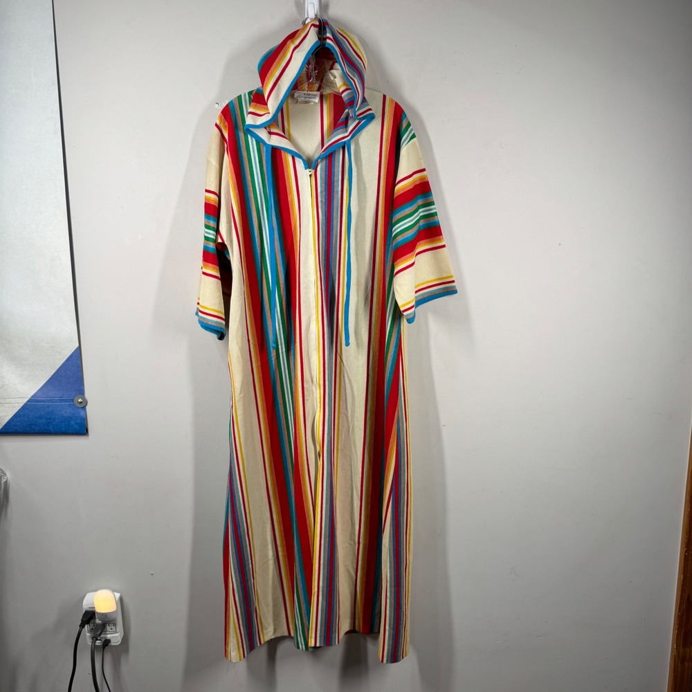 Vtg Tiffany Loungewear Hooded Caftan Robe Multi Color Stripe Zip Front Sz s USA